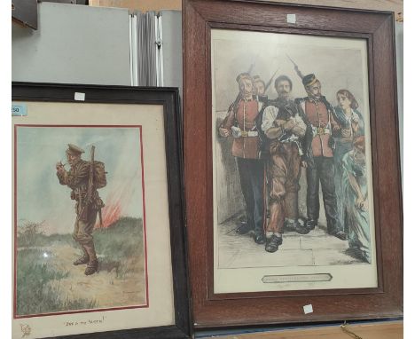 THE DESERTER - 19th century engraving, later colouring, 47 x 35cm, framed and a WWI period print "Arf a Mo Kaiser!" 