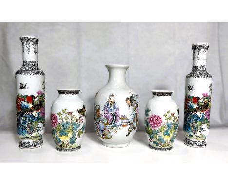 A collection of Chinese Republic Period style vase, one vase with older Chinese warriors, seal mark to base and text to rever