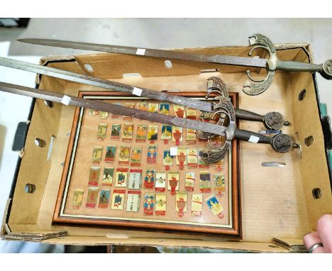 A Hookah bubble pipe; 3 repro swords and a framed collection of Coca Cola badges; 2 pairs of binoculars, Abacus etc 