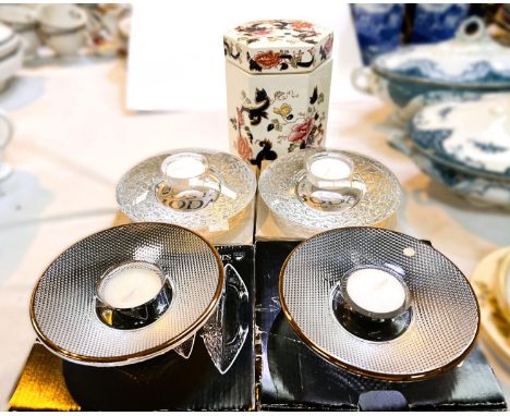 A Mason's Mandalay covered jar; 2 Orrefors glass nightlight holders in original boxes 2 Kosta Boda nightlight holders 