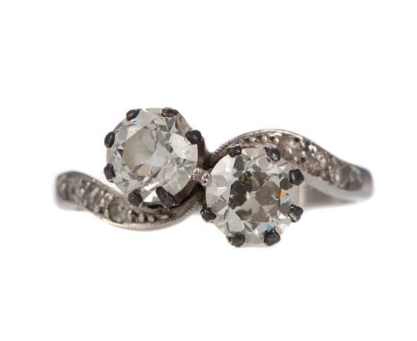 DIAMOND TWO STONE RING,set with Old European cut diamonds totalling approximately 1.20 carats, on diamond shoulders, marks ru