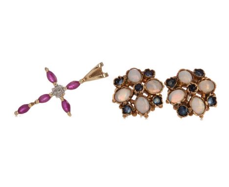 RUBY CROSS PENDANT,marked 375, along with a pair of opal and sapphire earrings in unmarked, 3g gross (2)