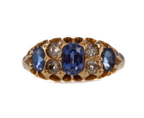 SAPPHIRE AND DIAMOND RING,set with oval sapphires interspaced by old cut diamonds, unmarked, size L, 3g
