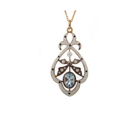 TOPAZ, PEARL AND ENAMEL PENDANT,the openwork pendant set with an oval faceted topaz flanked by seed pearls within a black and