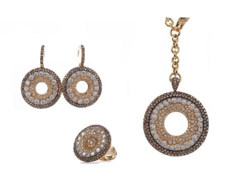 SUITE OF DIAMOND JEWELLERY,comprising pendant, ring and earrings, each set with cognac and colourless diamonds, in eighteen c