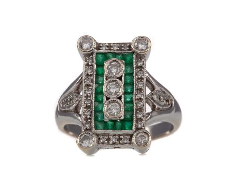 EMERALD AND DIAMOND RING,with three central bezel set diamonds bordered by emeralds and further diamonds, the diamonds totall