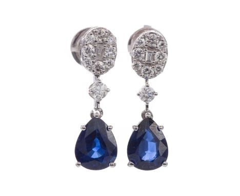 PAIR OF SAPPHIRE AND DIAMOND EARRINGS,set with pear shaped sapphires totalling approximately 4.18 carats, suspended from diam