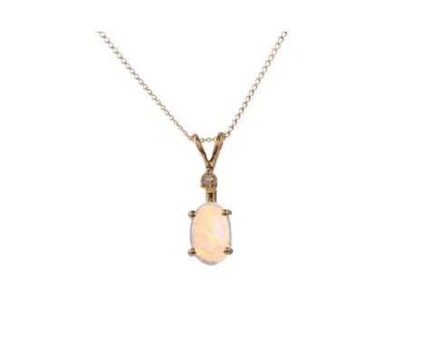 OPAL AND DIAMOND PENDANT,set with an oval opal beneath a diamond chip, marked 10K, on a chain marked 375, 0.6g