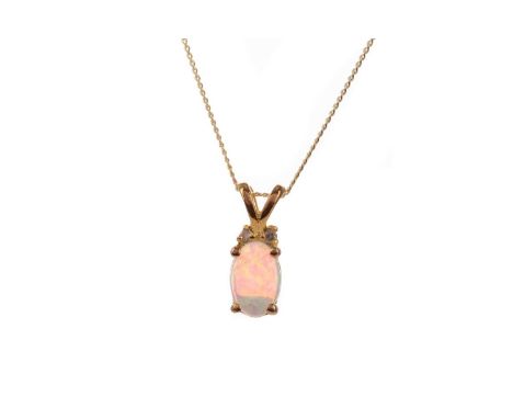 OPAL AND DIAMOND PENDANT,set with an oval opal beneath two diamond chips, marked 10K, on a chain marked 375, 0.7g