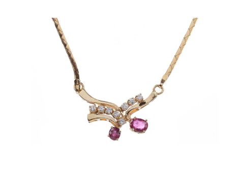 RUBY AND DIAMOND NECKLACE,set with a round and an oval ruby, beneath a row of round brilliant cut diamonds totalling approxim