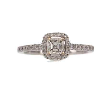 DIAMOND DRESS RING,the Asscher cut diamond of approximately 0.39 carats, within a round brilliant cut diamond halo, on diamon