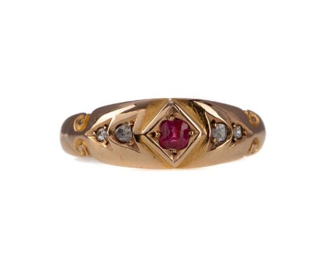 SYNTHETIC RUBY AND DIAMOND THREE STONE RING,the synthetic ruby flanked by old cut diamonds, in fifteen carat gold, size N 1/2