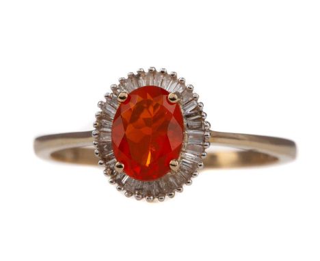 FIRE OPAL AND DIAMOND RING,the oval fire opal within a halo of tapered baguette cut diamonds, marked 9K, size T, 2.5g