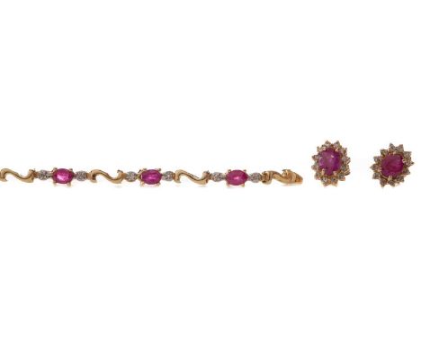 RUBY BRACELET,set with oval rubies interspaced by illusion set diamond chips, unmarked, along with a pair of ruby and diamond