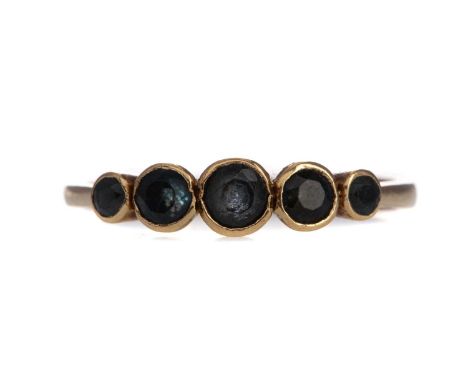 SAPPHIRE FIVE STONE RING,with bezel set sapphires, indistinctly marked, size P, 2.1g