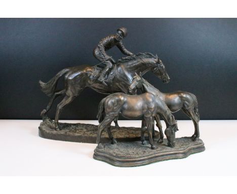Resin bronze effect sculptures to include a pair of horses signed O.Tupton to base, H 18.5cm, W 27cm together with a racing h
