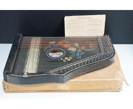 Mid 20th century German Jubeltone Konzert Salon Harfe floral decorated, black body zither, boxed