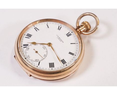 9ct gold open face pocket watch with a white enamelled dial and roman numerals to the chapter ring. Face signed J W Benson. H