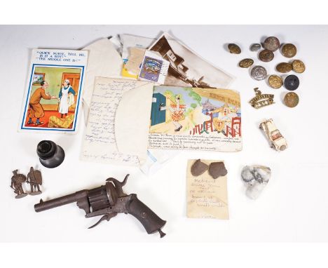 A small group of mixed collectables to include an antique revolver, military buttons, ephemera, stamps and a medieval bronze 