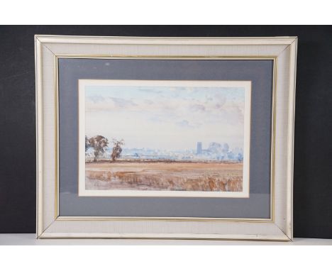 Keith Money (New Zealander/British, b.1935), 'Stubble smoke sky' - scenic landscape view townscape, watercolour, signed lower