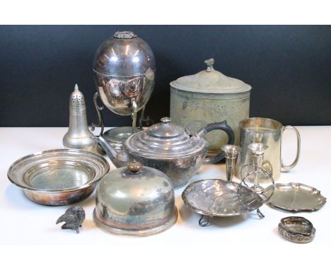 Group of early 20th century mixed silver plate to include large egg coddler with nest and egg detail to top, tea pot, tea cad