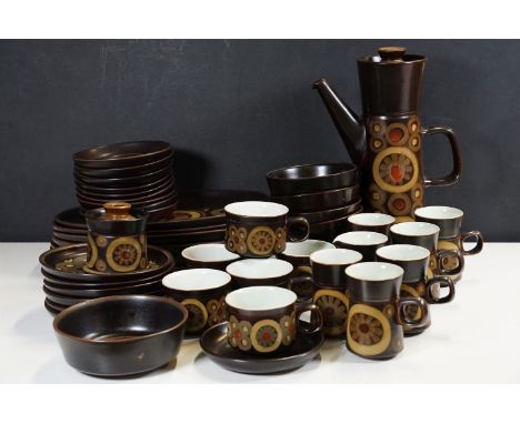 Quantity of mid 20th century Denby Arabesque pattern stoneware plates, bowls, coffee set and serving platters (1 box)