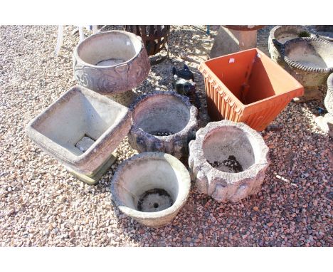 Group of five reconstituted stone planters, widest diameter 42cm together with a painted cast composite horse's head and a te