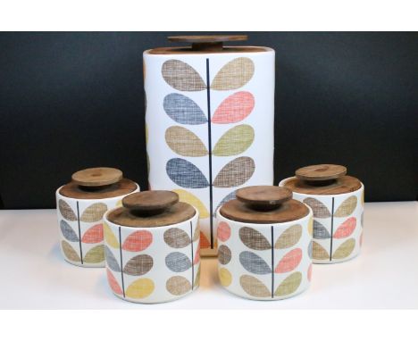 Orla Kiely multi-stem leaf pattern large bread storage jar, 35cm high together with four matching storage jars, 14cm high, al