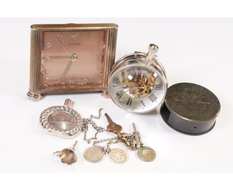 Group of collectables to include a silverplate Cyma clock, glass skeleton ball clock, silver hallmarked scent bottle with mat