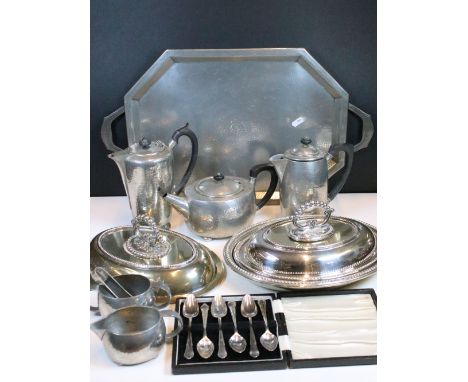Tudric hammered pewter coffee/tea service set and tray together with a group of silver plate to include two lidded serving di