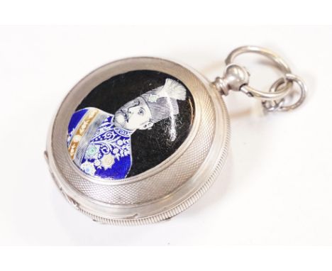 Early 20th Century Persian Qajar pocket watch having an enamelled portrait to outer engine turned case, white enamelled face 