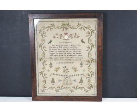 19th century sampler featuring 'Let gratitude in acts of goodners flow...' by Elizabeth Ann Mould, dated 1833, 42 x 33cm, fra