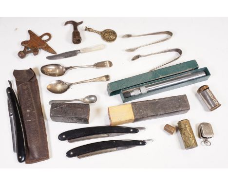 A small group of mixed collectables to include cut throat razors and a selection of mixed metal ware to include silver. 