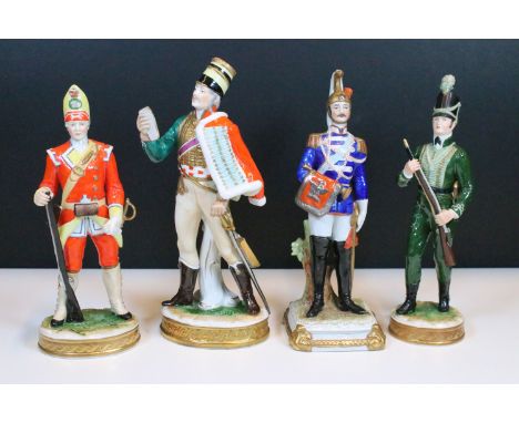 Group of four 19th century Dresden soldier figurines to include Grenadier 1760, Ofizier 1792, Rifleman 1803 and Squadron Guar