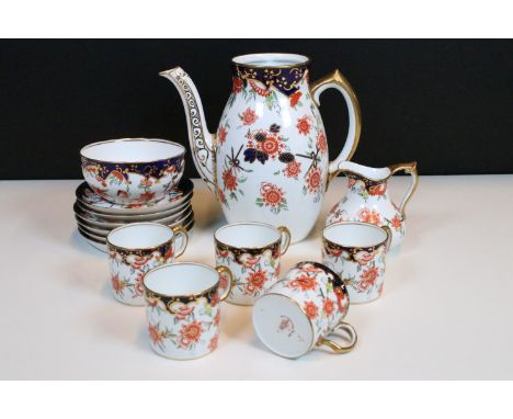 Royal Crown Derby Old Imari pattern 9259 coffee set to include coffee pot, milk jug, sugar bowl, five cups and six saucers