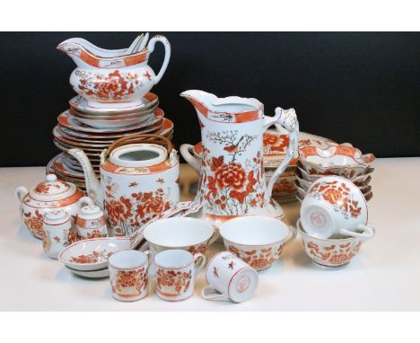 Large collection of Chinese orange and gilt tableware and tea set, hand painted in Hong Kong, to include plates, coffee cups,