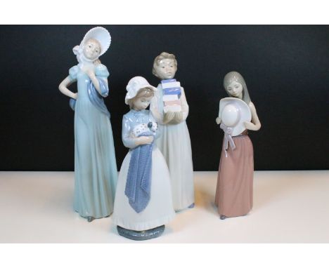 Group of Lladro Nao figurines to include girl with puppy, girl in bonnet, girl with hat and choir boy with books, tallest H 3