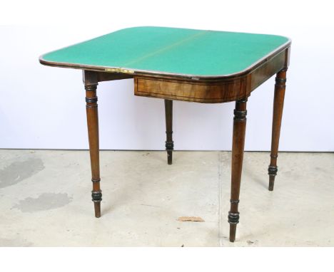 19th Century mahogany folding card table having inlaid top with green felt interior. Measures 73.5 x 91 x 44.5cm. 