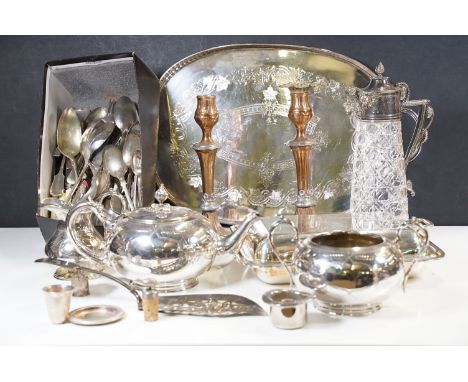 Assortment of 20th century silver plate to include galleried serving tray, teapot, sugar bowl and milk jug, crystal claret ju