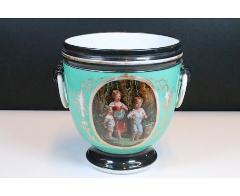 Late 19th Century Sevres style twin handled ceramic wine cooler bucket having moulded ring handles with printed child scene t
