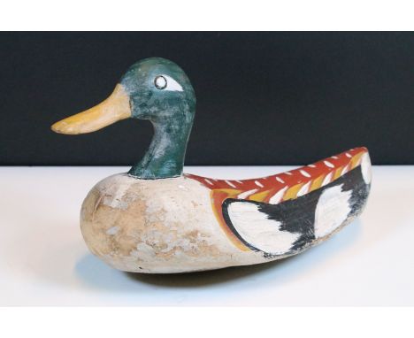 Folk art cork and softwood hand-painted decoy duck, 32cm long