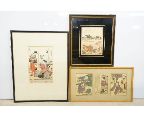 Collection of Japanese woodblock traditional portraits, to include: a triptych by Utagawa Toykuni, a portrait by Kitagawa Uta