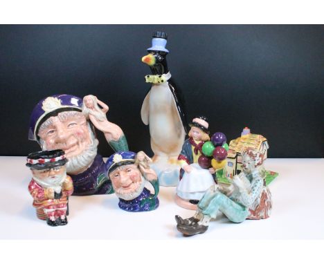 Royal Doulton 'Balloon Girl' HN 2618 together with 'Old Salt' D 6551 and D6556 Toby Character mugs, Borghini's Collection win