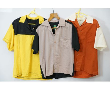 Late 20th century 1950's style cotton two tone bowling jive collared work shirts, one example with 'And may you jive all nigh