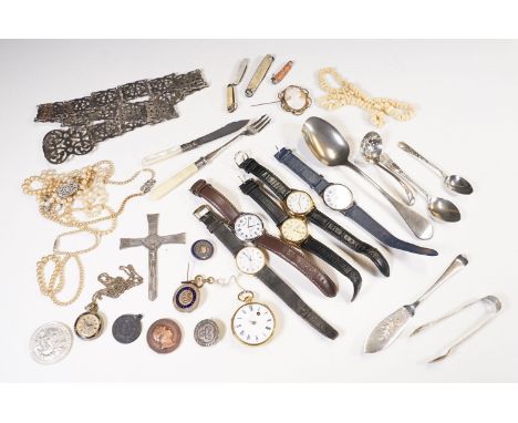 A box of mixed collectables to include badges, medallions, cutlery, costume jewellery...etc...