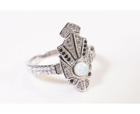 Silver Art deco style dress ring set with CZs and opal panel 