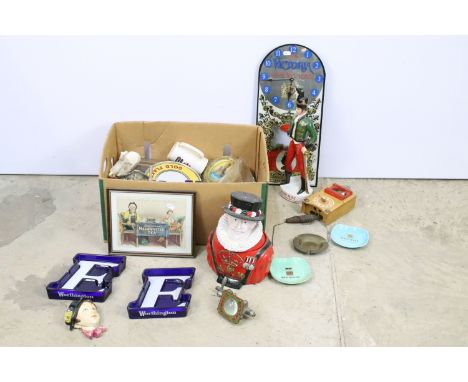 Collection of breweriana to include Beefeater gin ice bucket, Irish Mist advertising figurine, White Horse whisky ceramic hor