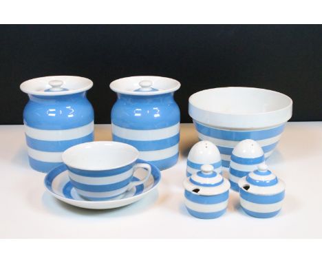 Collection of T G Green blue and white Cornishware including a pair of lidded storage jars, 13cm high, cup and saucer, puddin