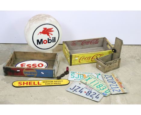 20th century vintage Mobil advertising gas pump globe together with Pepsi Cola and Coca Cola painted wooden crates, Shell Mot