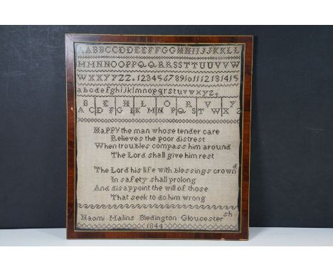 19th century sampler, featuring alphabet, numbers and psalm - 'Happy the man whose tender care...', by Naomi Malins Bledingto